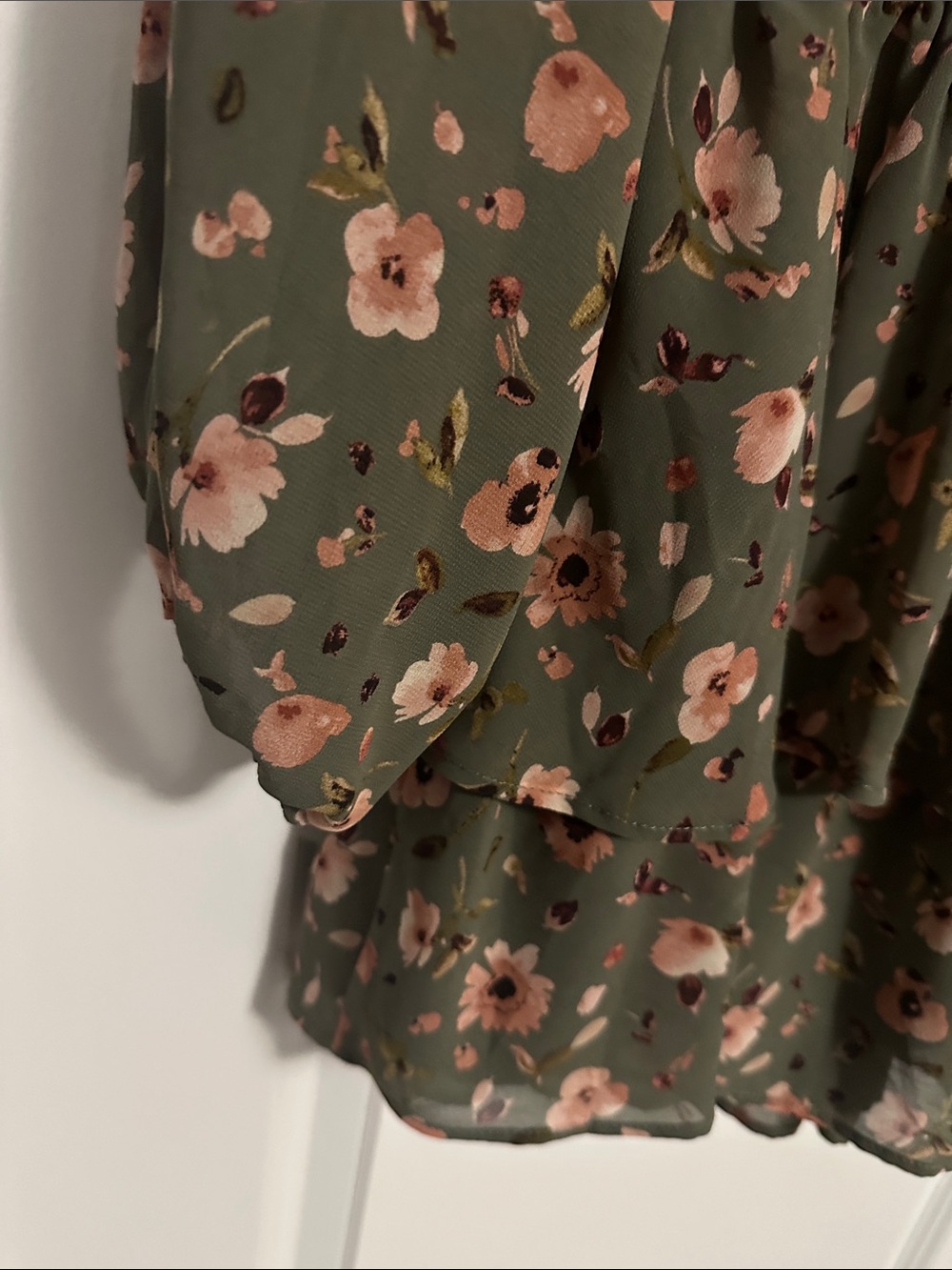 Dynamite Olive Floral V-Neck Smocked Waist Mini Dress - Picture 8 of 12